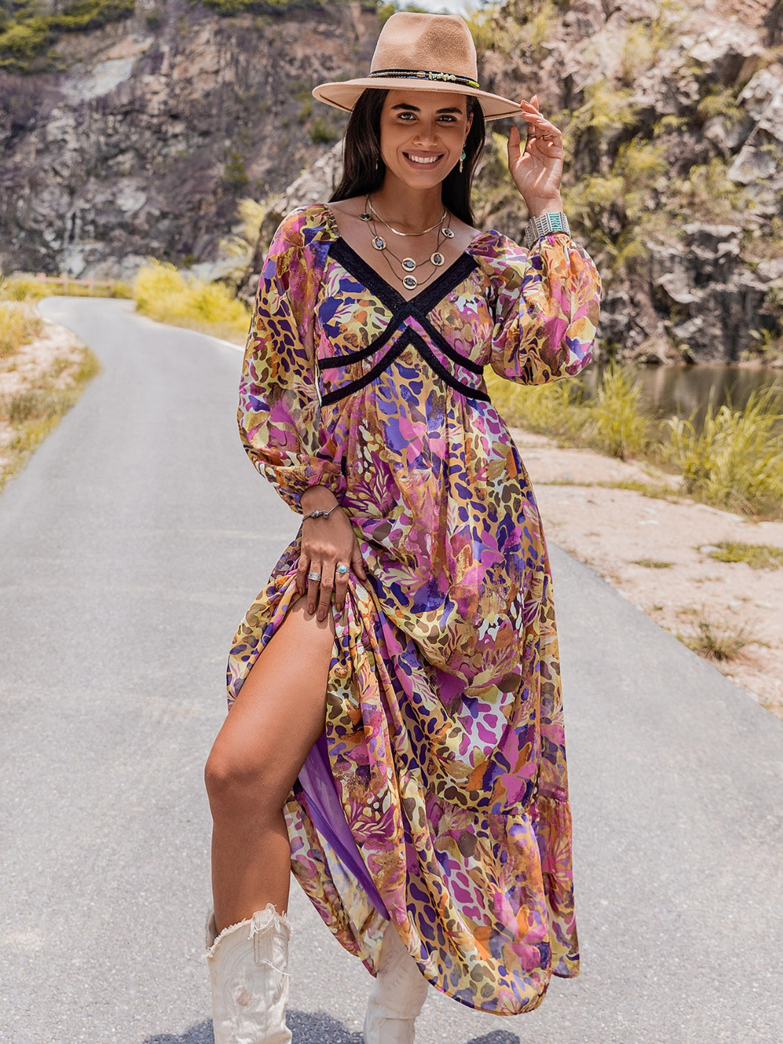 Printed V-Neck Long Sleeve Dress - felvior