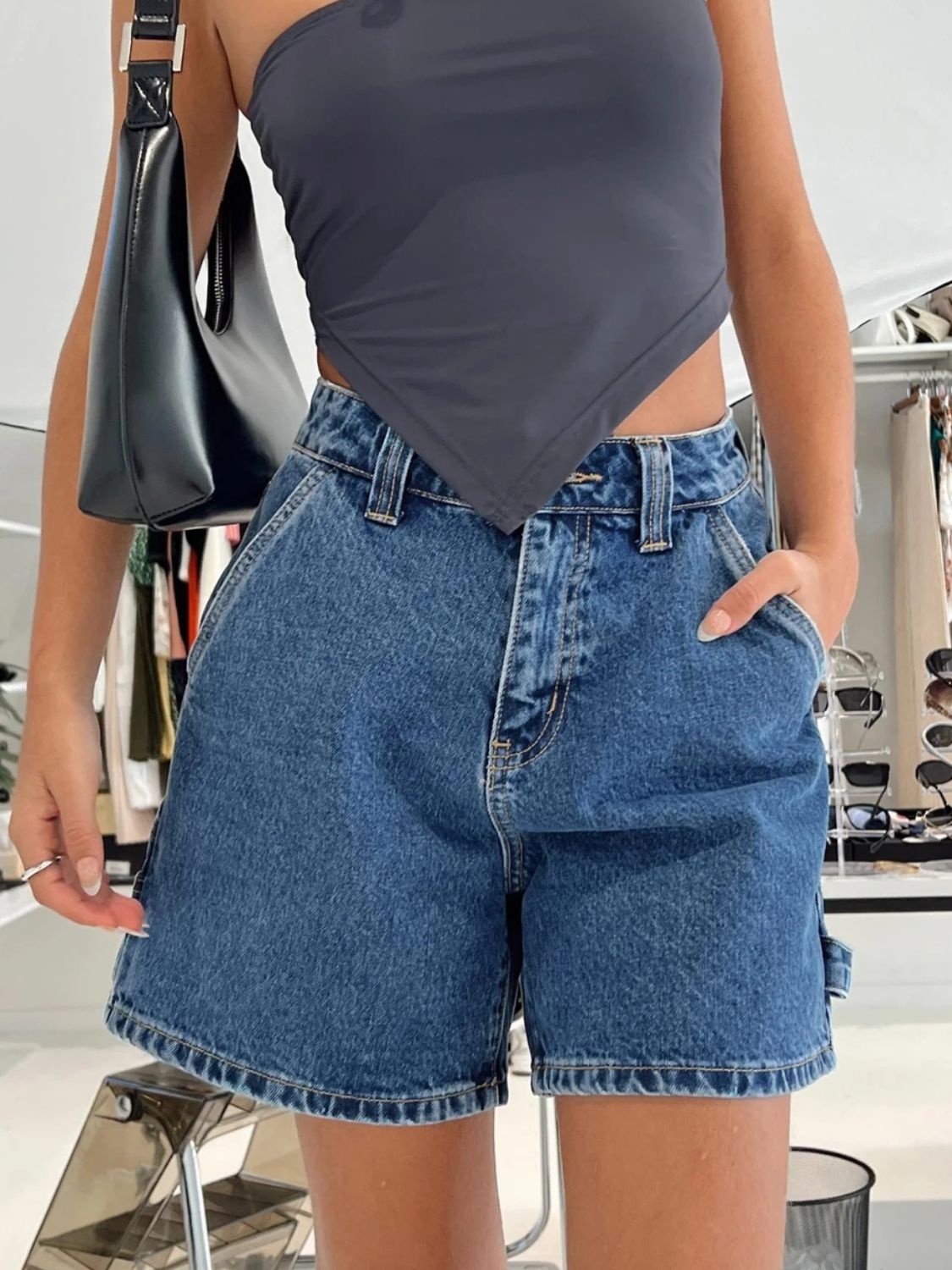 Washed High Rise Denim Shorts - felvior
