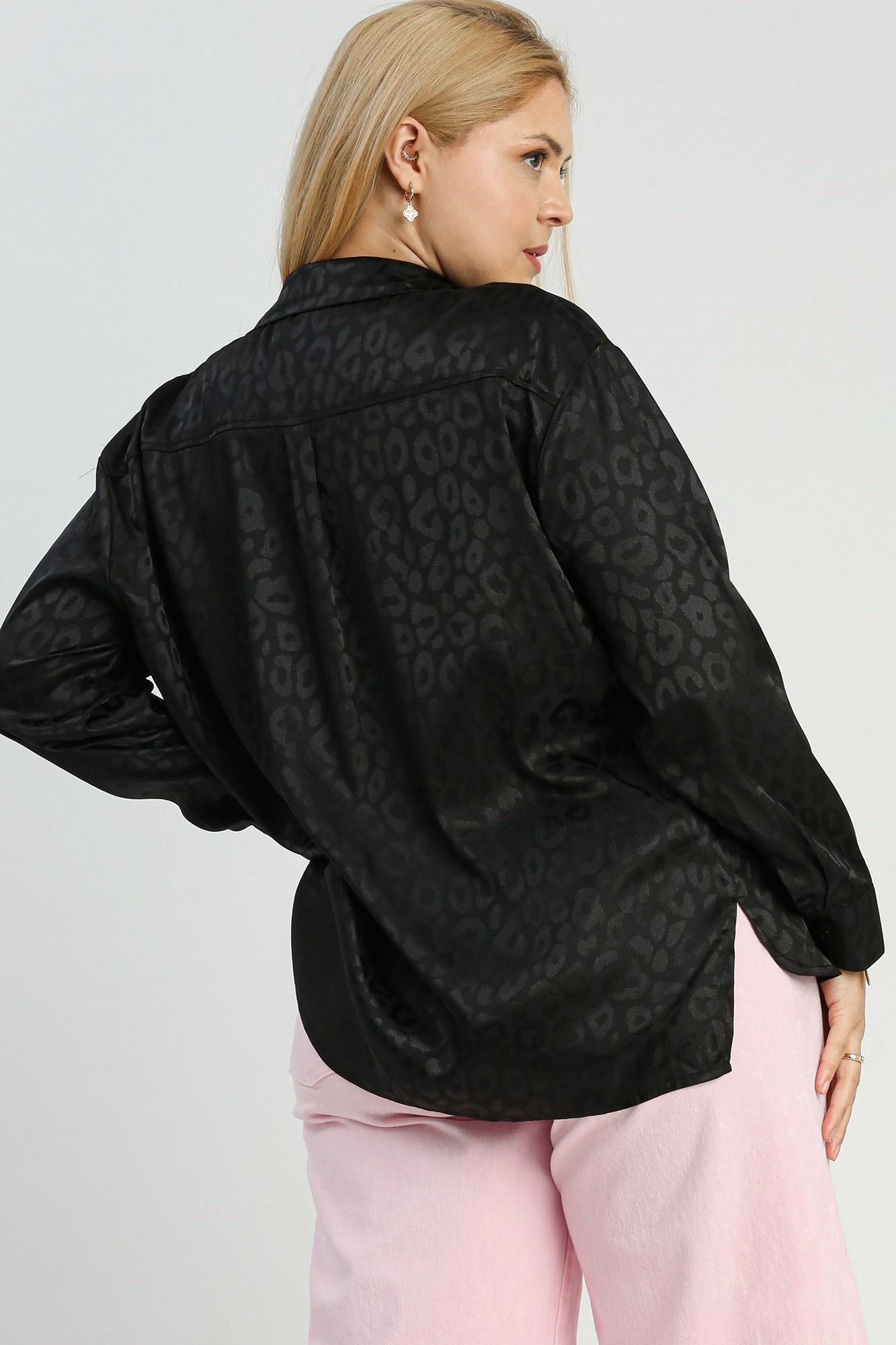 Umgee Full Size Animal Jacquard Print Button Up Long Sleeve Shirt Plus Size