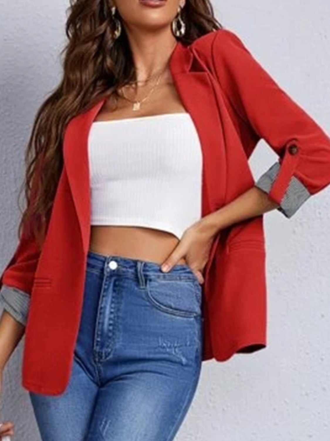Lapel Collar Roll-Tab Sleeve Blazer - felvior