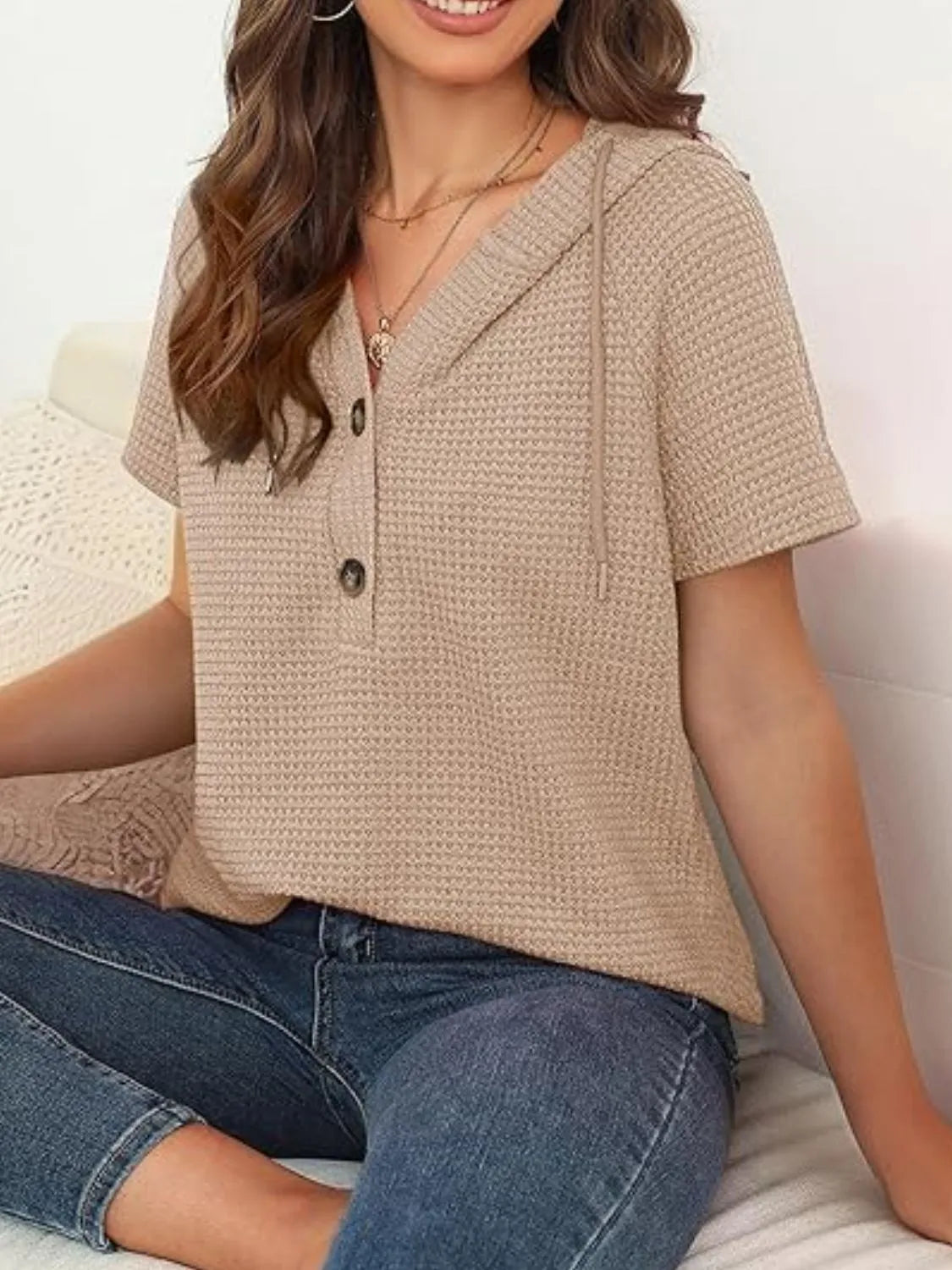 Drawstring Waffle-Knit Short Sleeve Hooded Top