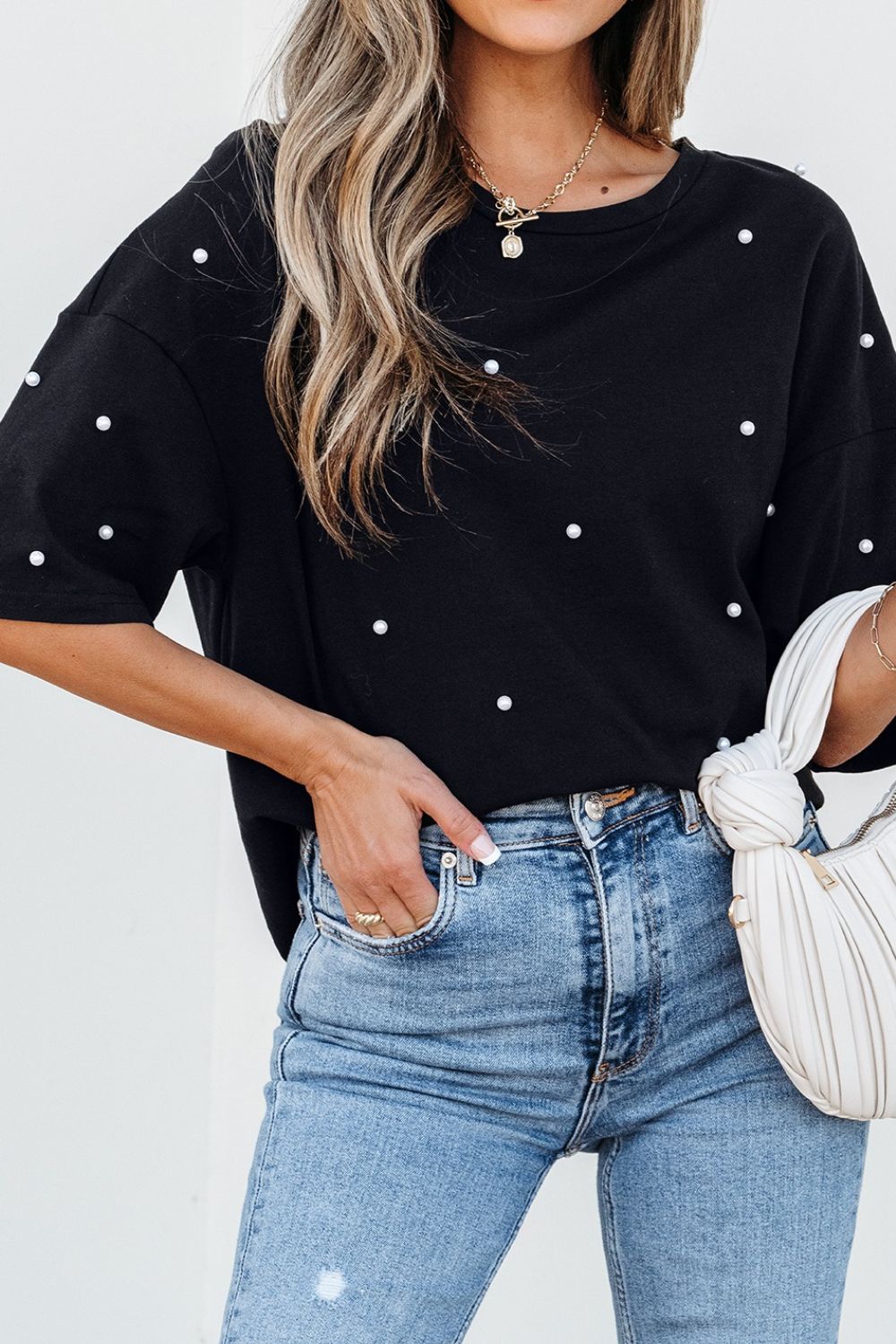 Pearl Beaded Round Neck Half Sleeve T Shirt Hauptbild