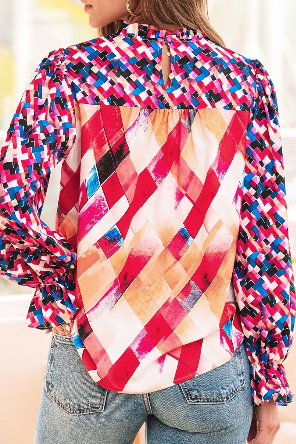 Abstract Geometric Pattern Flounce Sleeve Blouse - felvior