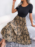 Printed Round Neck Pleated Dress - felvior