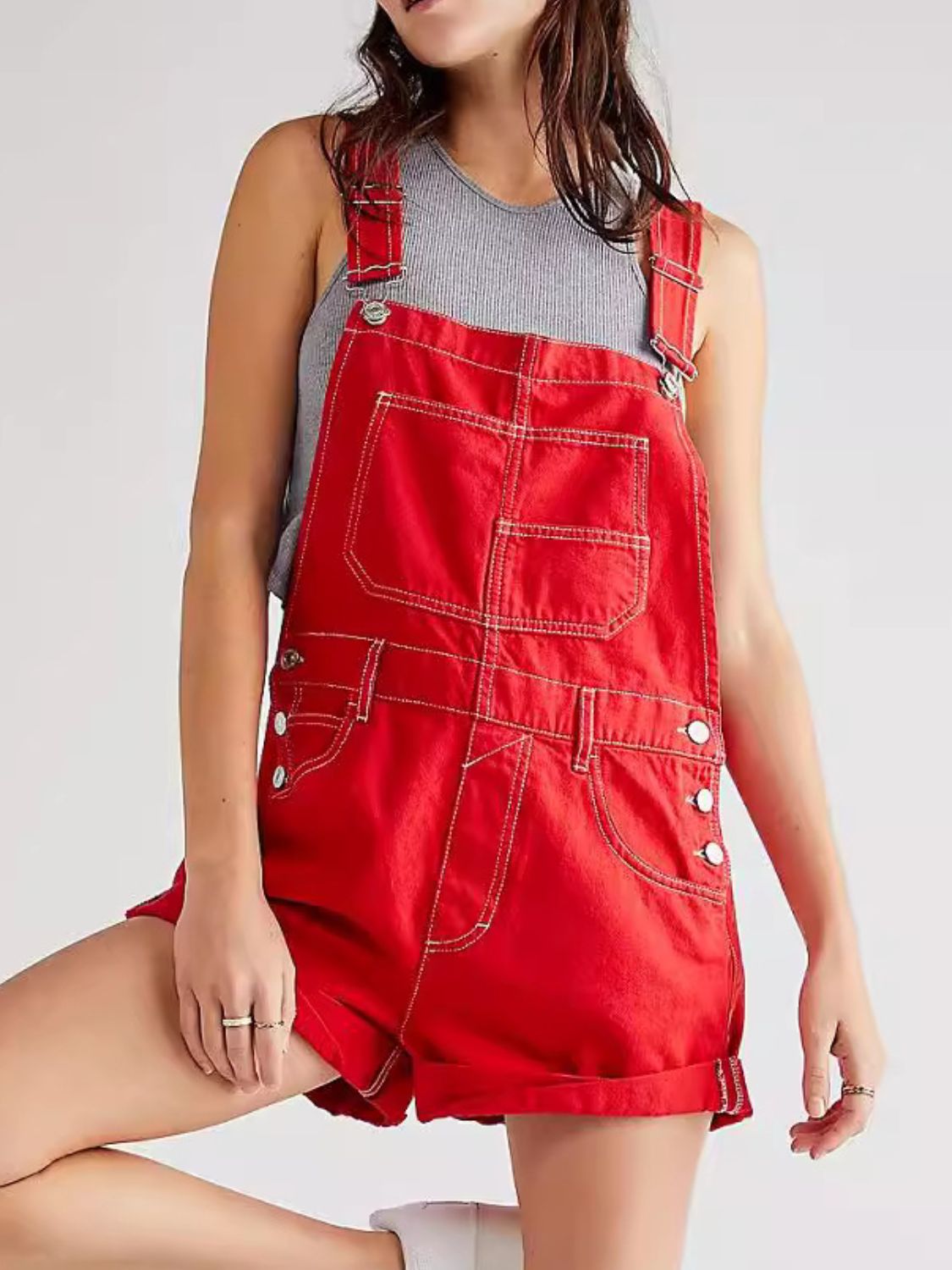 Wide Strap Square Neck Denim Overalls Hauptbild