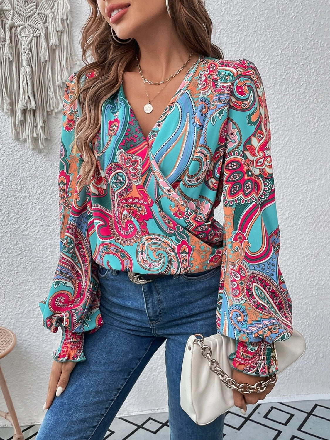 Printed Surplice Smocked Lantern Sleeve Blouse - felvior