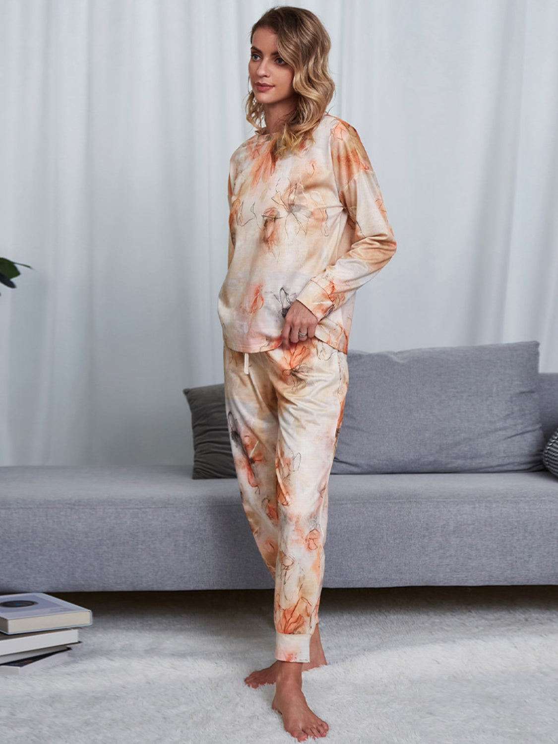Shiny Tie-Dye Round Neck Top and Pants Lounge Set - felvior