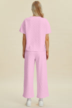 Double Take Full Size Texture Round Neck Short Sleeve Top and Pants Set