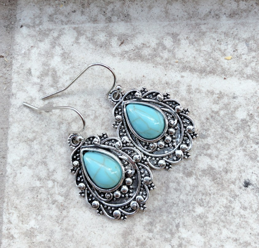 Artificial Turquoise Alloy Teardrop Dangle Earrings - felvior