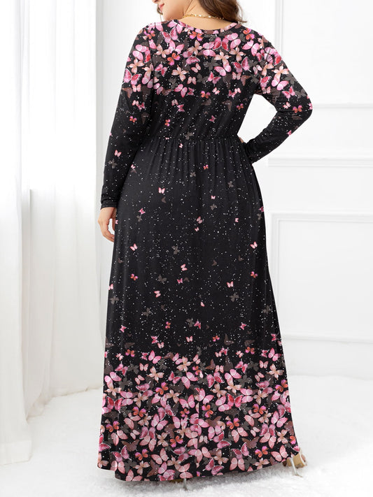 Plus Size Round Neck Maxi Dress with Pockets - felvior