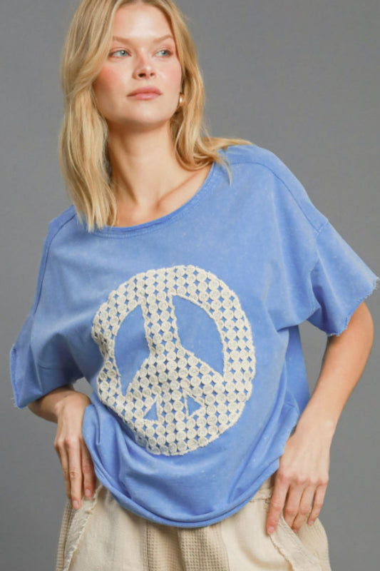Umgee Full Size Mineral Wash T-Shirt with Lace Applique Plus Size - felvior