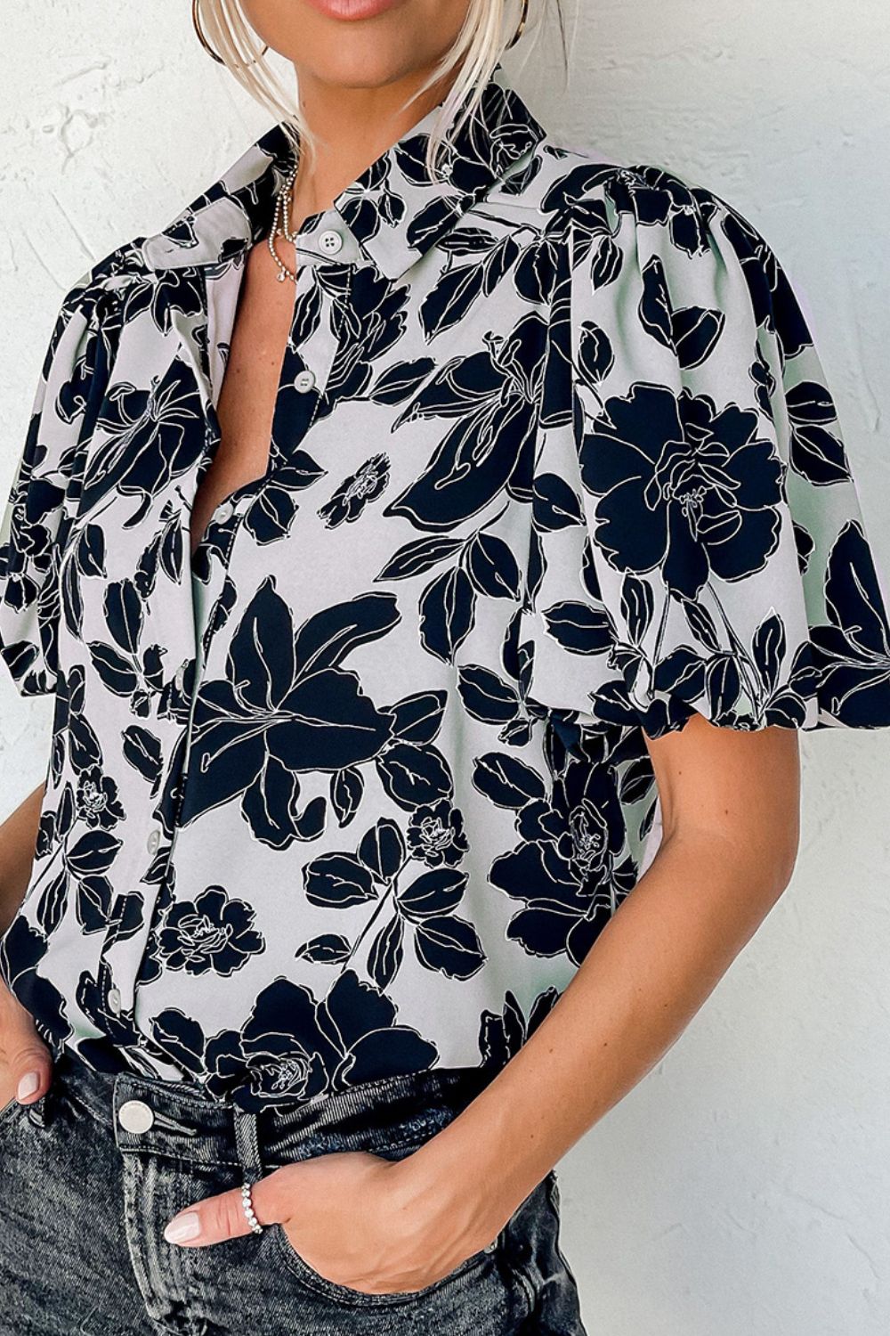 Floral Button Down Puff Sleeve Shirt