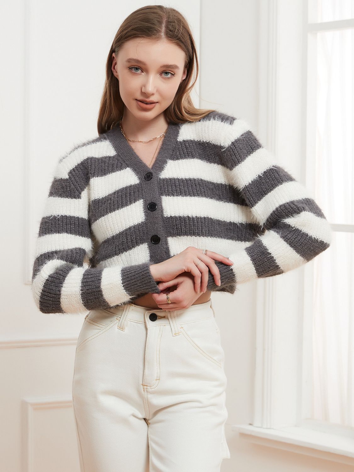 Button Down V-Neck Striped Cardigan - felvior