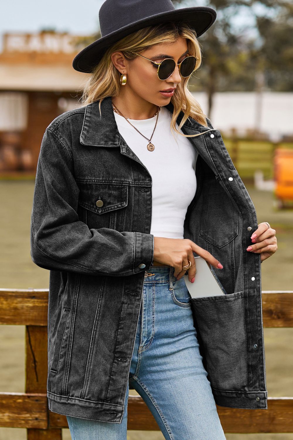 Buttoned Collared Neck Denim Jacket with Pockets - felvior