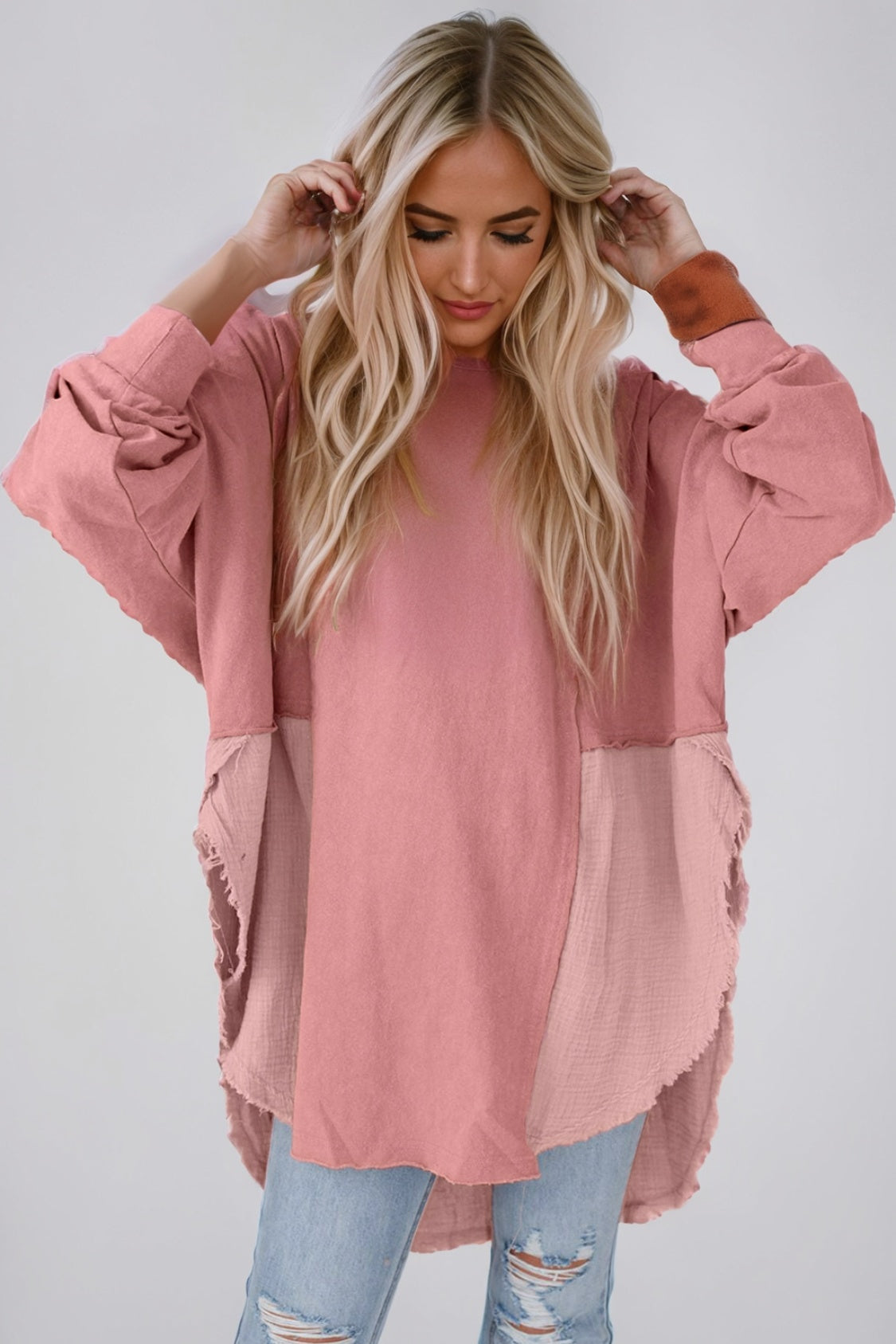 Contrast Texture Round Neck Long Sleeve Blouse - felvior