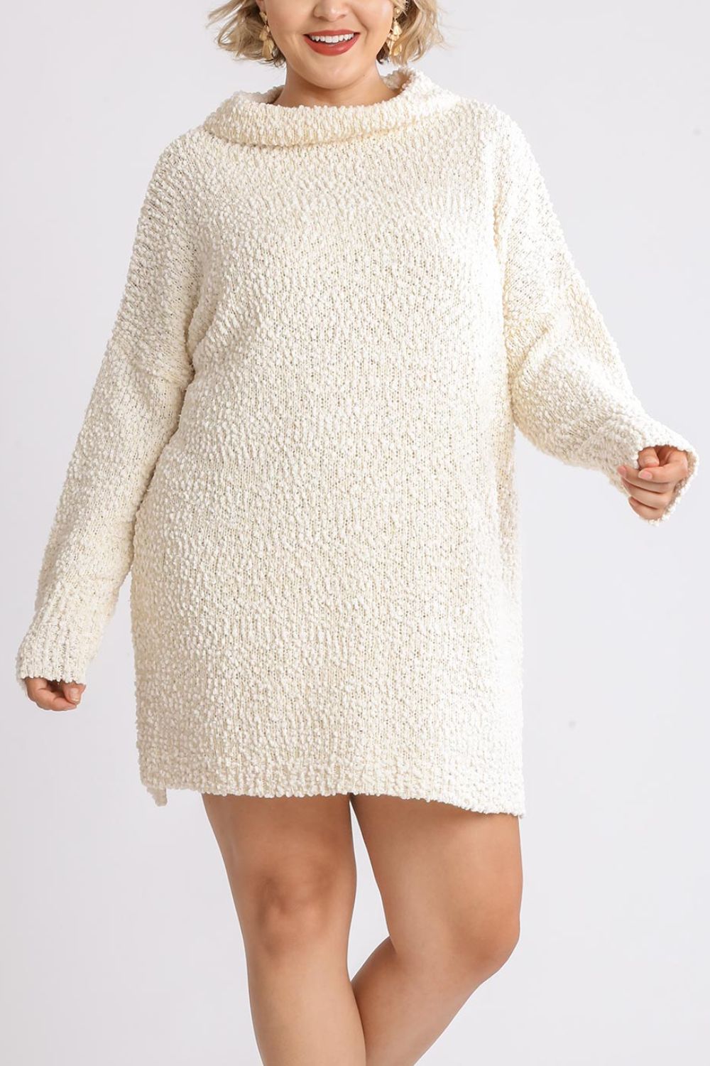 Umgee Full Size High Low Long Sleeve Boucle Sweater Dress Plus Size