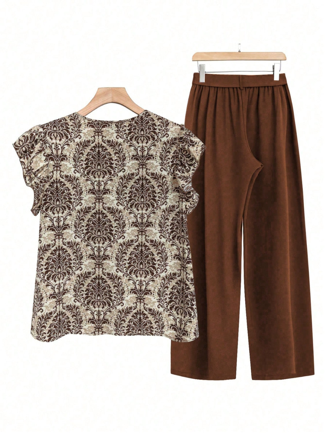 Printed Ruffled Cap Sleeve Top and Pants Set - felvior