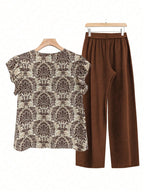 Printed Ruffled Cap Sleeve Top and Pants Set