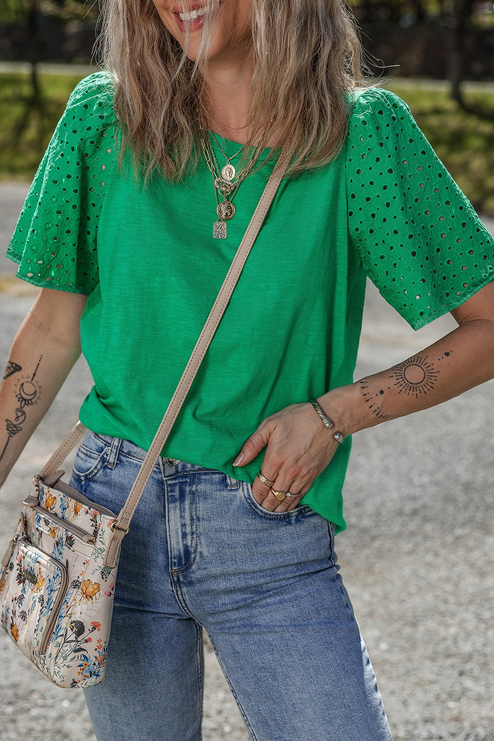 Eyelet Embroidered Patchwork Top - felvior