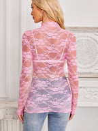 Mock Neck Long Sleeve Lace Sheer Top