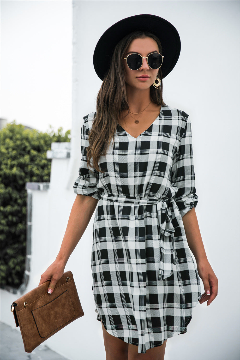 Plaid V-Neck Tie Waist Dress - felvior