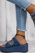 Raw Hem Wedge Buckle Sandals