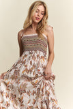 ADORA Smocked Printed Square Neck Tie Shoulder Cami Dress - felvior