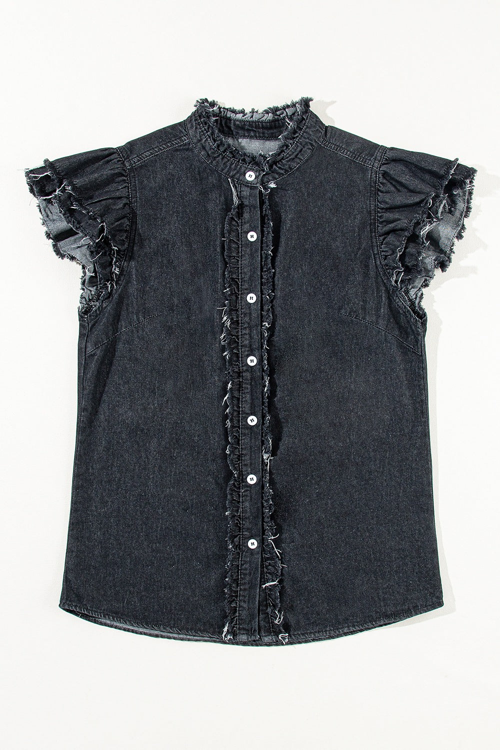 Button Down Raw Hem Ruffled Denim Shirt - felvior