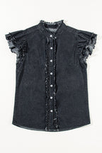 Button Down Raw Hem Ruffled Denim Shirt