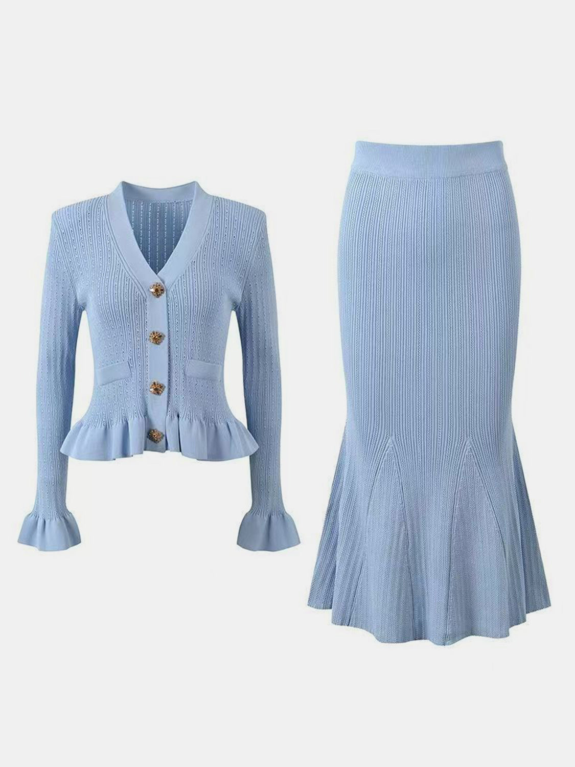Ruffled V-Neck Top and Midi Skirt Sweater Set - felvior