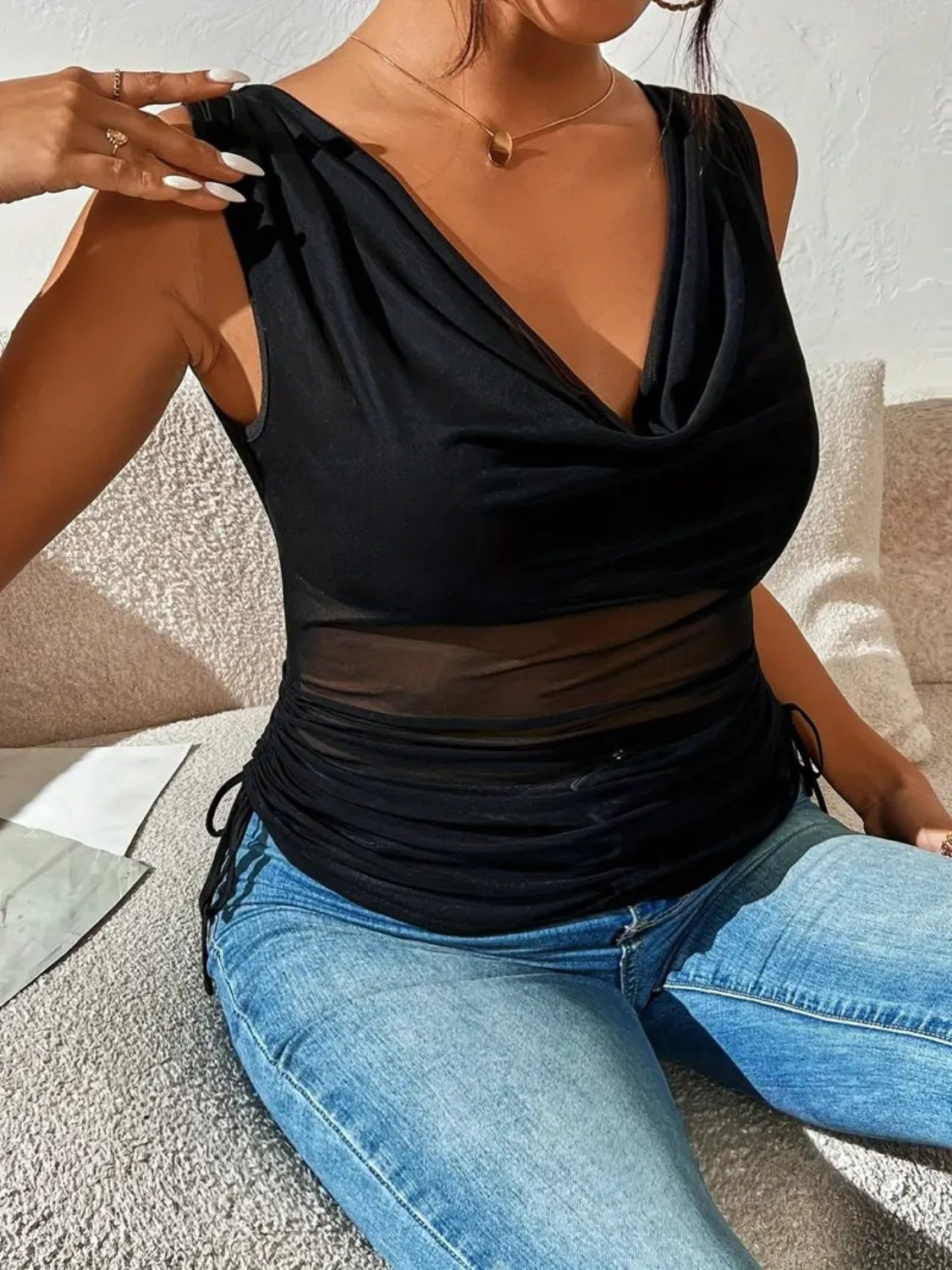Side Drawstring Ruched Tank - felvior