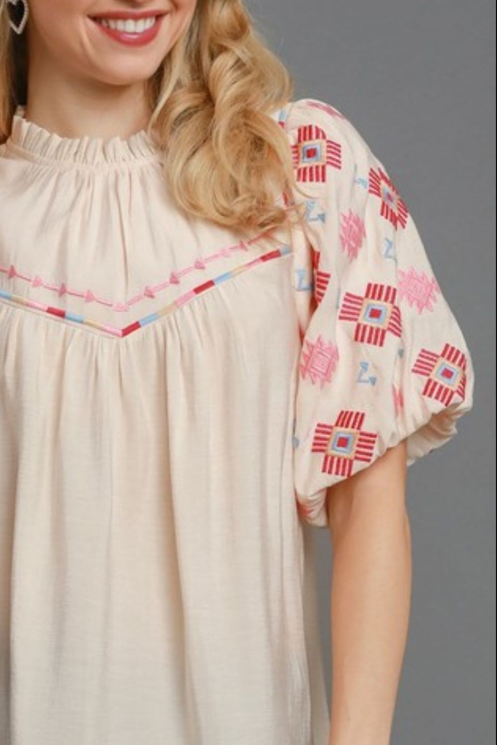 Umgee Full Size Embroidered Puff Sleeve Mock Neck Top Plus Size - felvior