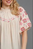 Umgee Full Size Embroidered Puff Sleeve Mock Neck Top Plus Size - felvior