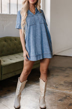 Short Sleeve Collared Patched Pocket Denim Mini Dress