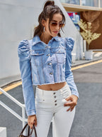 Button Down Raw Hem Cropped Denim Jacket