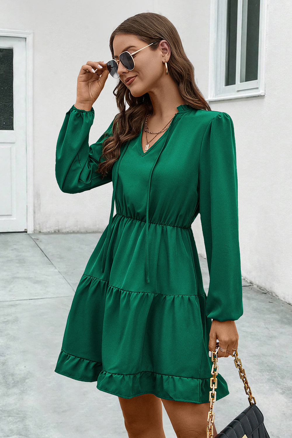 V-Neck Tie Neck Long Sleeve Dress - felvior