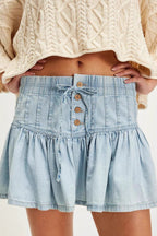 Buttoned Ruffled Mini Denim Skirt