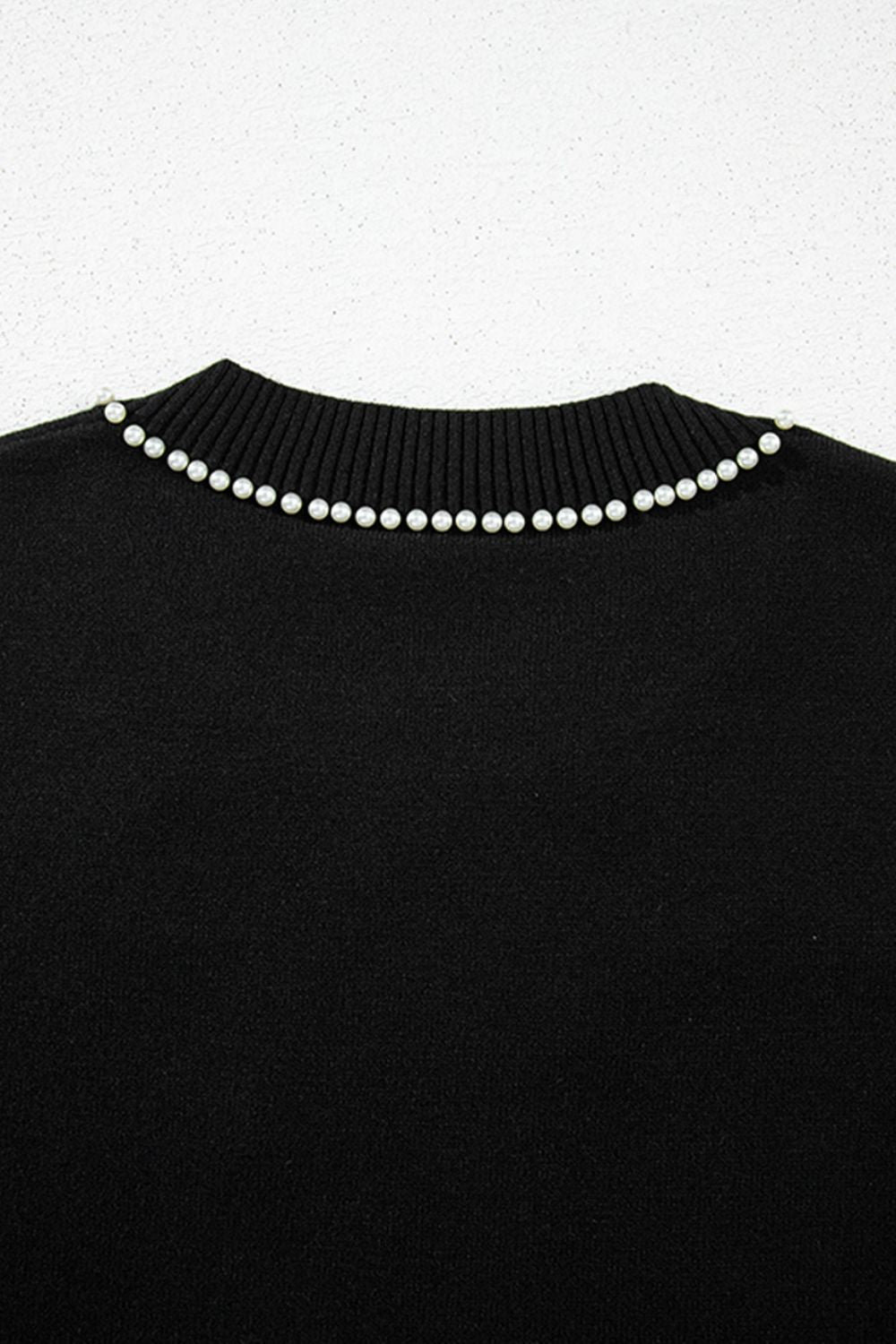 Pearl Bow Necklace Embellished Short Sleeve Knit Top - felvior