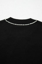 Pearl Bow Necklace Embellished Short Sleeve Knit Top