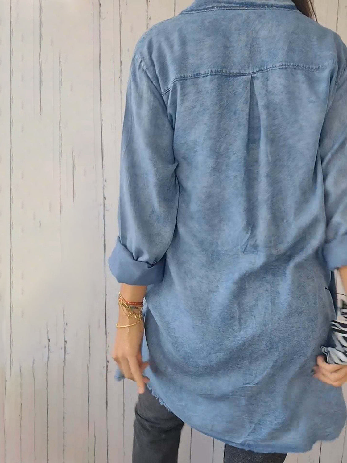 Full Size Raw Hem Button Up Long Sleeve Denim Top Plus Size - felvior