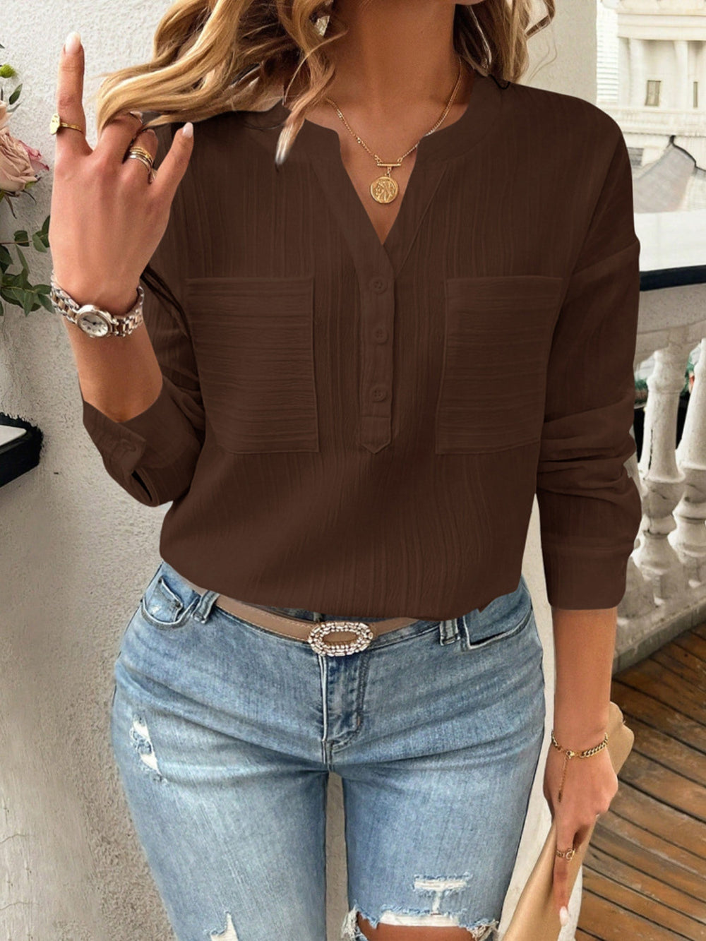 Devine Pocketed Notched Long Sleeve Blouse