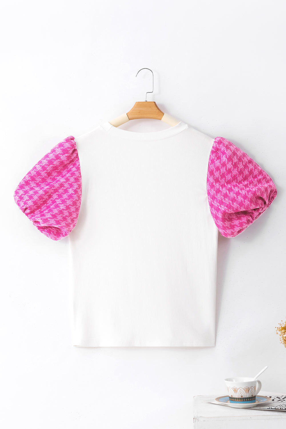 Round Neck Contrast Tweed Puff Sleeve Top - felvior
