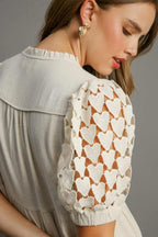 Umgee Full Size Ruffled Hem Heart Lace Sleeve Tie Neck Dress Plus Size