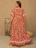 Plus Size Printed Tie Neck Flutter Sleeve Maxi Dress