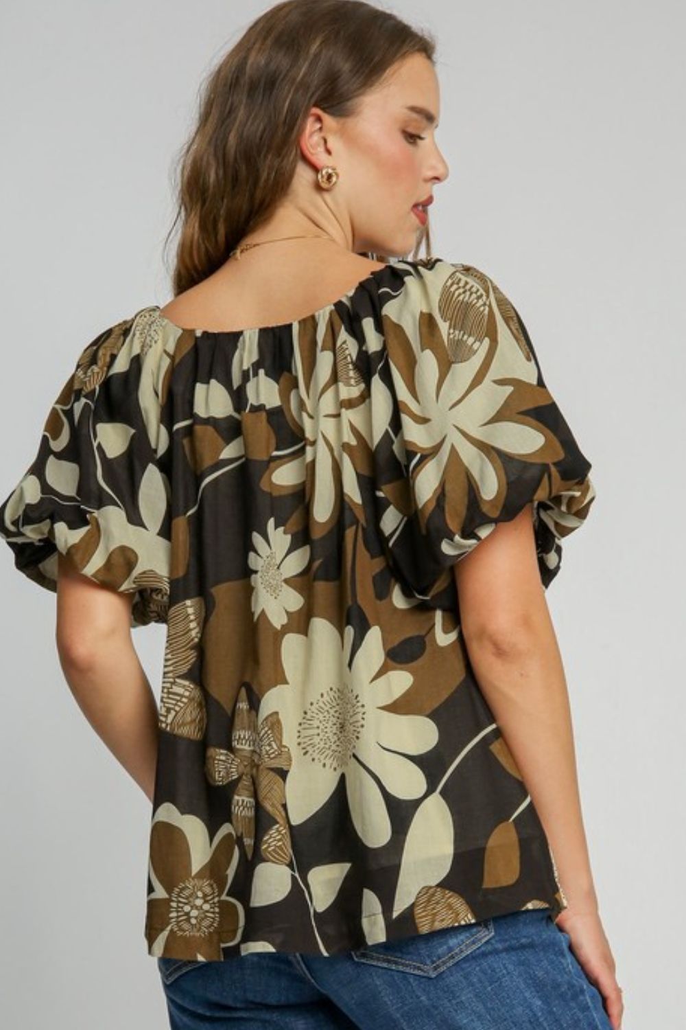 Umgee Full Size Print Round Neck Puff Sleeve Top Plus Size - felvior