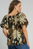 Umgee Full Size Print Round Neck Puff Sleeve Top Plus Size - felvior