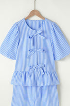 Striped Bowknot Detail Puff Sleeve Top and Shorts Set