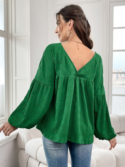 Plus Size Texture V-Neck Long Sleeve Top - felvior