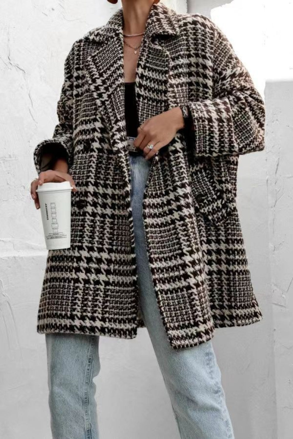 Houndstooth Collared Neck Long Sleeve Coat with Pockets - felvior