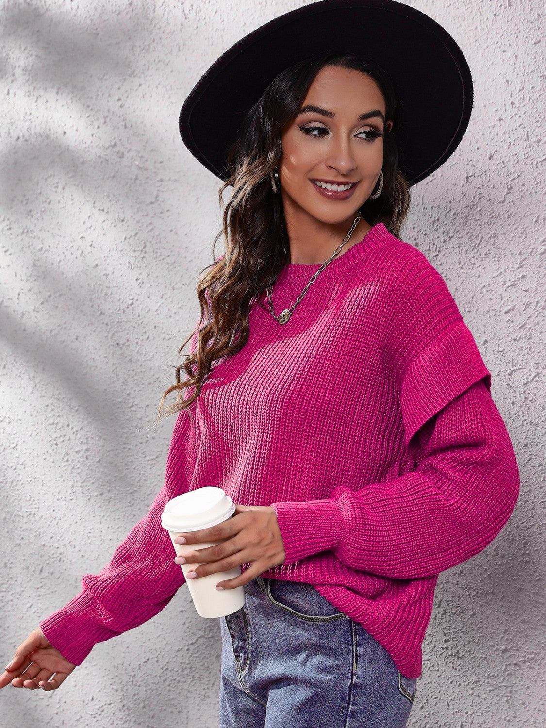 Ruffled Round Neck Dropped Shoulder Sweater - felvior